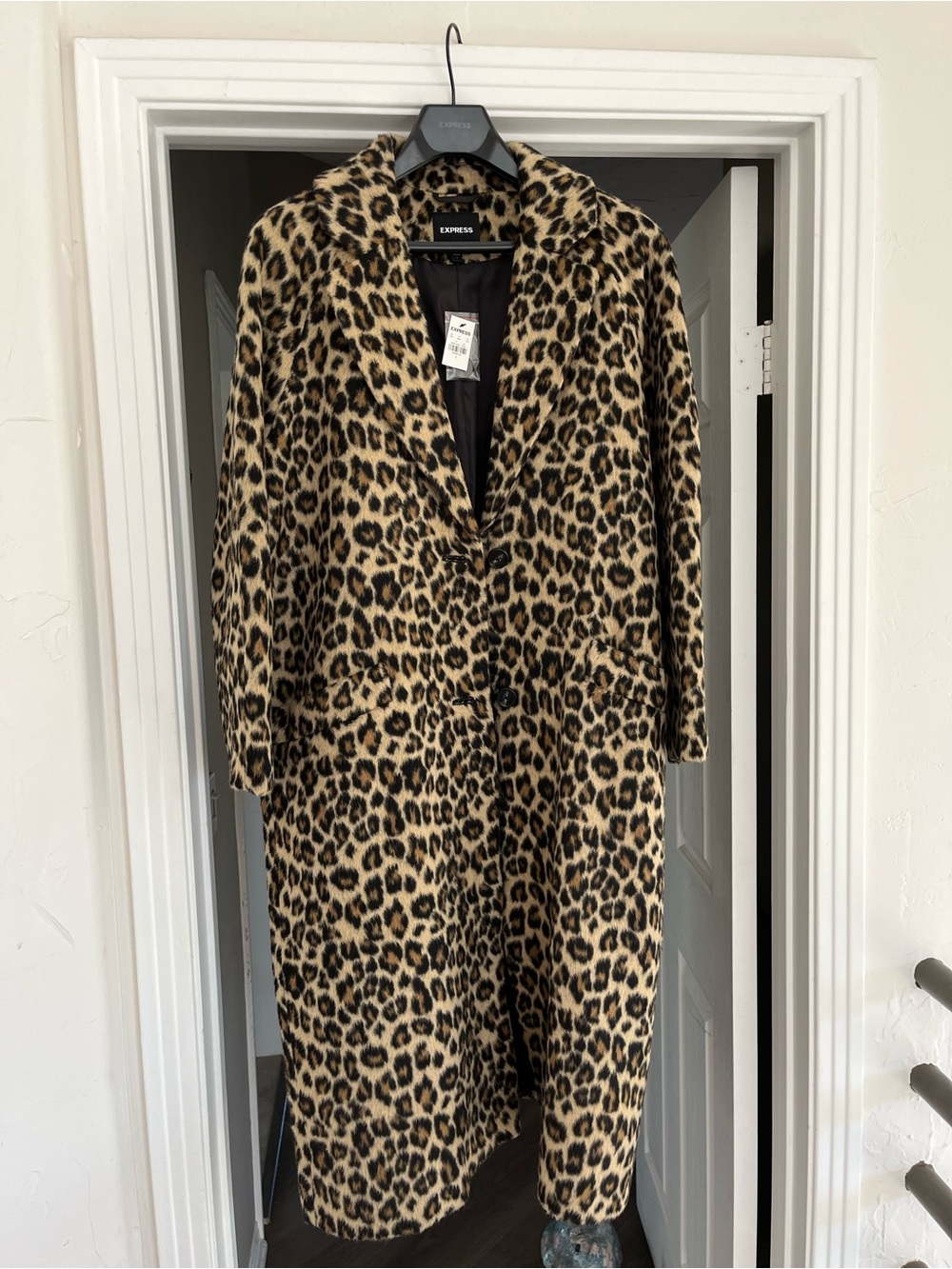 Express Leopard Print Long Coat - Black and Tan